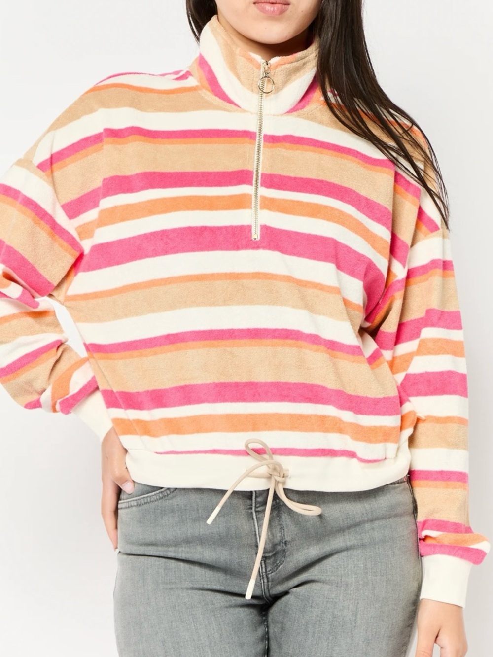 Scotch & Soda Park in Bloom Striped Zip Cropped Pullover Sweater. Beachy Size M
